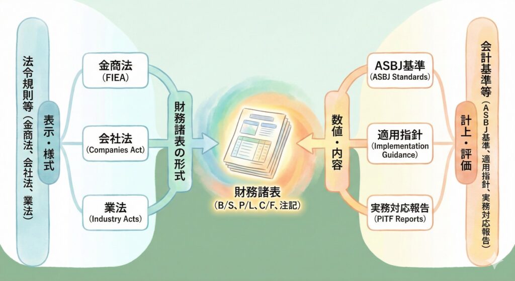 日本の会計ルールの二層構造を示す図。左側に表示・様式を定める「法令規則等（金商法等）」、右側に計上・評価を定める「会計基準等（ASBJ基準等）」を配置し、両者が補完し合い財務諸表を作成する流れを解説。