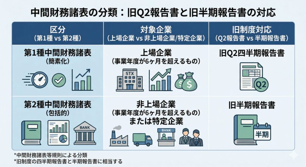 Alt Description: 第一種中間財務諸表（上場会社・旧第2四半期報告書相当）と第二種中間財務諸表（非上場等・旧半期報告書相当）