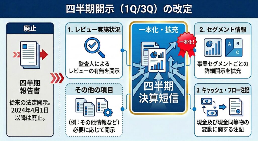 第1・第3四半期において四半期報告書が廃止され、決算短信に一本化されたこと、および追加された義務項目（レビュー有無、セグメント情報、CF注記）を整理した図。