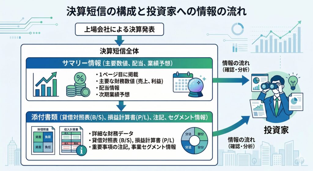 Alt Description: 決算短信の全体構造を示すフローチャート。表紙のサマリー情報（主要数値・配当・業績予想）と添付資料（財務諸表・注記事項・セグメント情報）の構成を可視化。