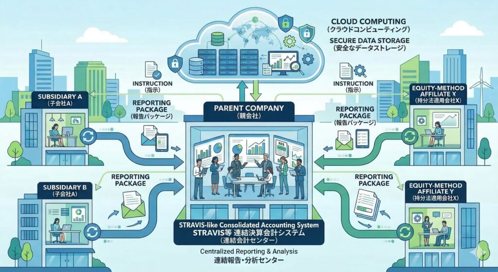 親会社と子会社・持分法適用会社間での「報告パッケージ」による情報収集のイメージ。親会社からのインストラクションによる指示をもとに、各拠点から財務データが親会社に集約され、連結決算の基盤となる様子を表現。