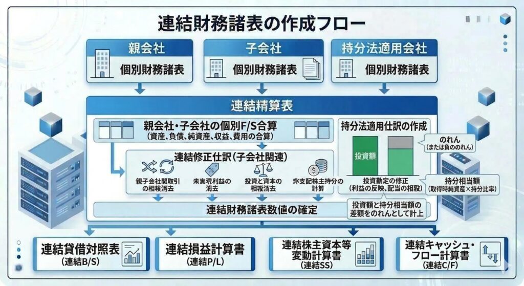 連結財務諸表の作成手順を示すフロー図。個別財務諸表の合算から連結精算表での修正仕訳、最終的な連結諸表の出力までの論理的な流れを視覚化したもの。
