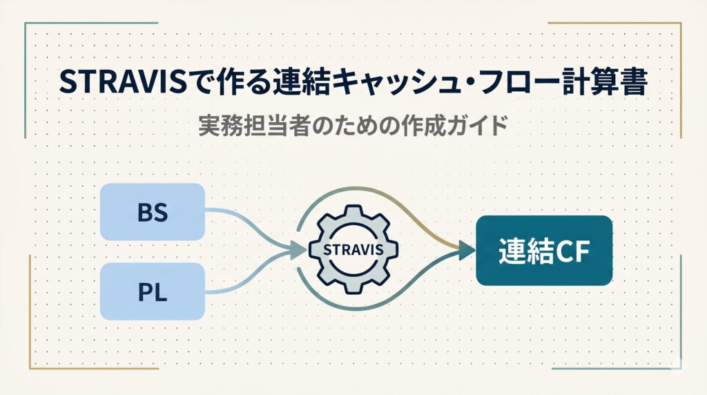 Alt: STRAVISの画面イメージと連結キャッシュ・フロー計算書の作成プロセスを示すアイキャッチ画像。中央に「連結CF作成」のタイトル、左右にBS・PLからCFへ流れる矢印が描かれている。 ファイル名: stravis-consolidated-cf-eyecatch.png