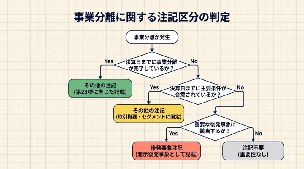 事業分離の完了時点・合意時点を起点に、その他の注記と後発事象注記のどちらに記載すべきかを判定するフローチャート
