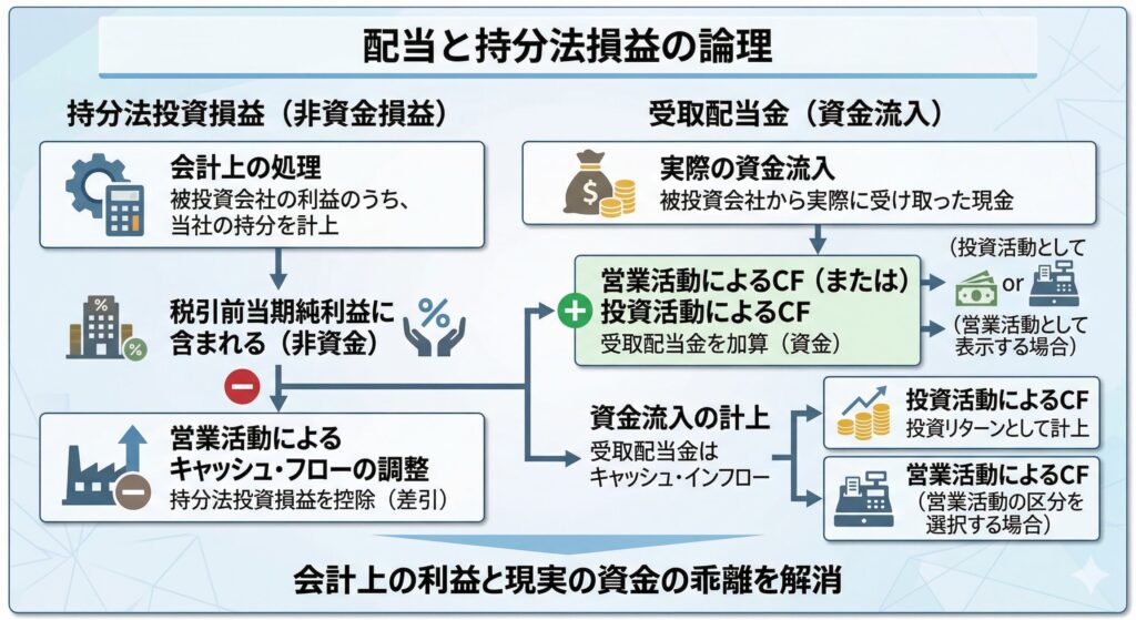 持分法適用会社に関連するCF調整の論理図。非現金項目である投資利益の取り消しと、現金流入である受取配当金の計上の対比を示しています。