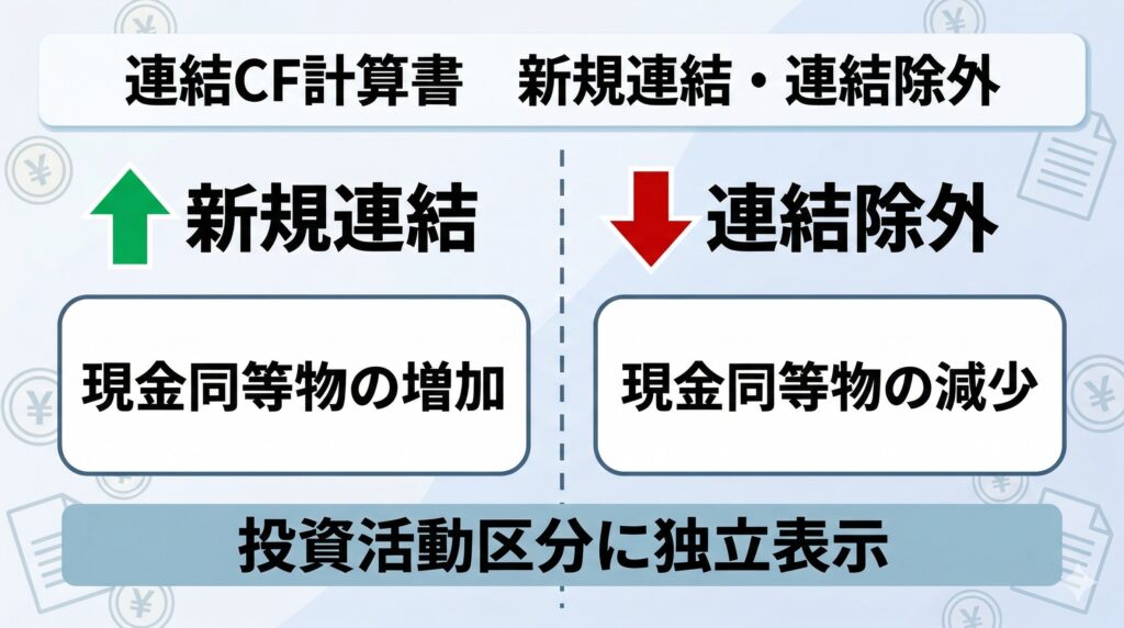 子会社株式取得時の連結キャッシュ・フロー計算書における処理フローを示す図。支出額から現金同等物を差し引いて投資活動に表示する流れを図解。