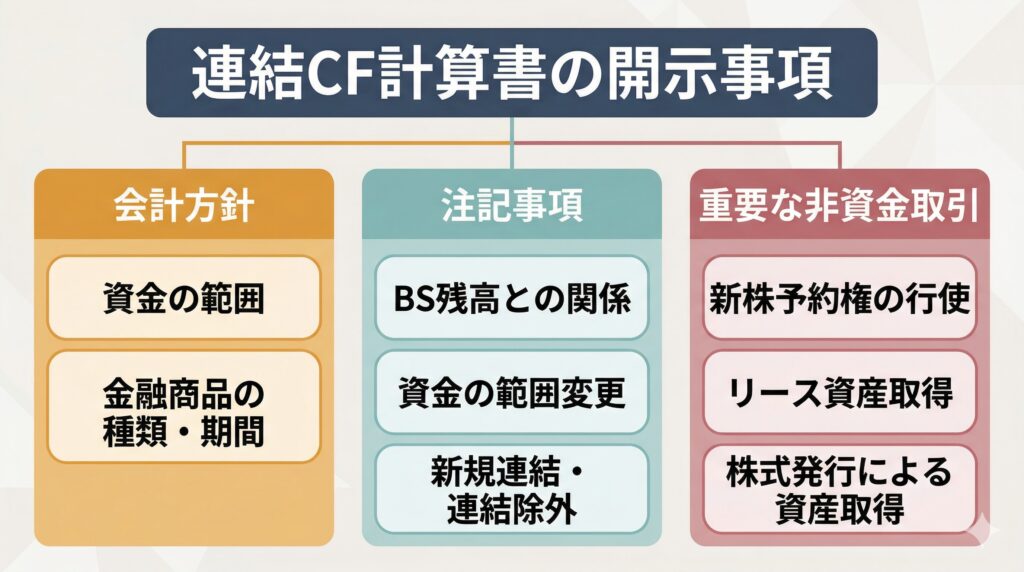 連結キャッシュ・フロー計算書の開示事項を体系的に示すインフォグラフィック。会計方針、注記事項、重要な非資金取引の3つの柱を中心に構成