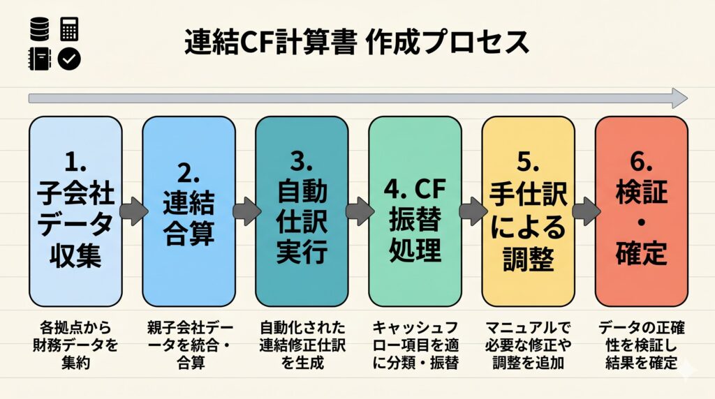 Alt: 子会社データ収集から連結CF計算書完成までのプロセスを左から右へ示すフローチャート。データ収集、連結合算、自動仕訳、CF振替、手仕訳調整、検証の6ステップが矢印でつながれている。 