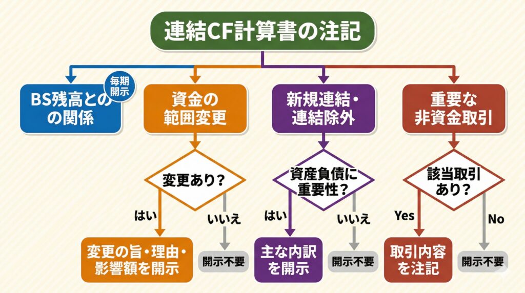 連結キャッシュ・フロー計算書の注記事項について、どの場合にどの開示が必要かを判断するフローチャート。貸借対照表との関係は常時開示、資金範囲変更・新規連結等は該当時に開示、非資金取引は重要性がある場合に開示することを示す