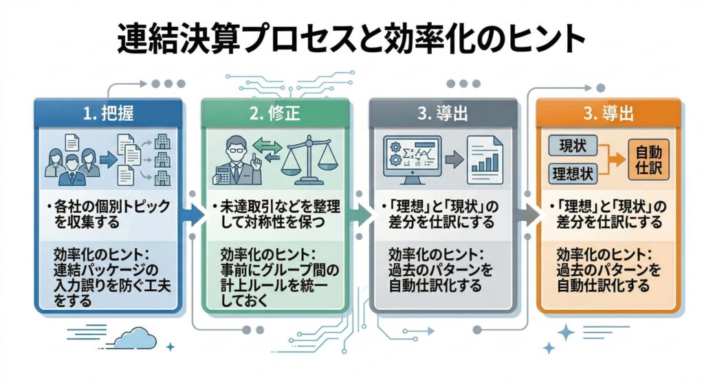 「連結財務諸表チェックリスト」と題されたインフォグラフィック。基礎的な整合性、資本・利益項目、内部取引・債権債務、非支配株主・持分法の4つのパネルで、具体的な確認ポイントを示している。