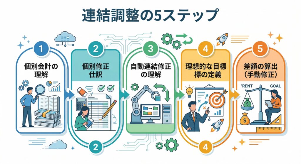 連結修正仕訳を導き出すための5つの検討ステップ。個別処理の把握から始まり、あるべき姿との差分を手入力仕訳で埋めるまでの論理的な思考プロセスを可視化した図解。