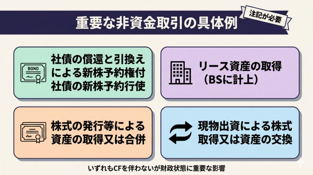 Nano Banana 2 Prompt: A professional Japanese business infographic, 16:9 aspect ratio. Title at top: "重要な非資金取引の具体例" in bold gothic font on a dark indigo banner with a small ribbon accent labeled "注記が必要". Below, four cards arranged in a 2x2 grid layout. Card 1 (soft mint green): icon of a bond document, text "社債の償還と引換えによる新株予約権付社債の新株予約権行使". Card 2 (soft lavender): icon of a building, text "リース資産の取得(BSに計上)". Card 3 (soft peach): icon of stock certificates, text "株式の発行等による資産の取得又は合併". Card 4 (soft sky blue): icon of exchange arrows, text "現物出資による株式の取得又は資産の交換". Each card has a rounded rectangle border with subtle shadow. A small note at bottom: "いずれもCFを伴わないが財政状態に重要な影響". Background: off-white. Clean and modern design, rounded rectangle boxes, clear and legible Japanese text in gothic (sans-serif) font, bold weight, high contrast.
Negative prompt: photorealistic, 3D rendering, cartoon style, handwritten fonts, stock photo style, clipart, watermarks, anime style, sketch style