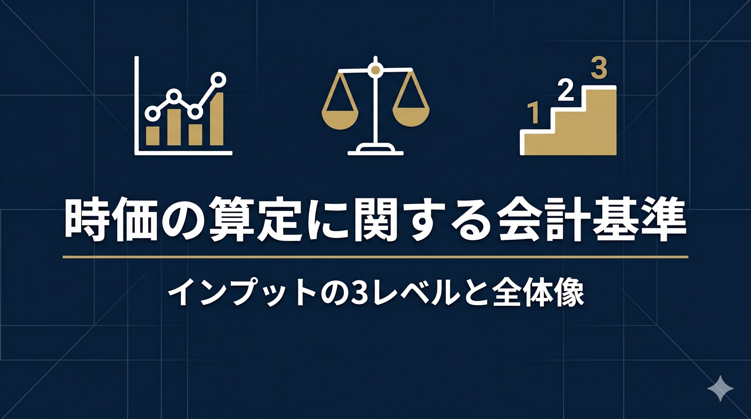 時価の算定に関する会計基準を表すアイキャッチ画像。市場・天秤・三段階のレベルを象徴するアイコンと「時価の算定に関する会計基準」の見出しを配置したインフォグラフィック